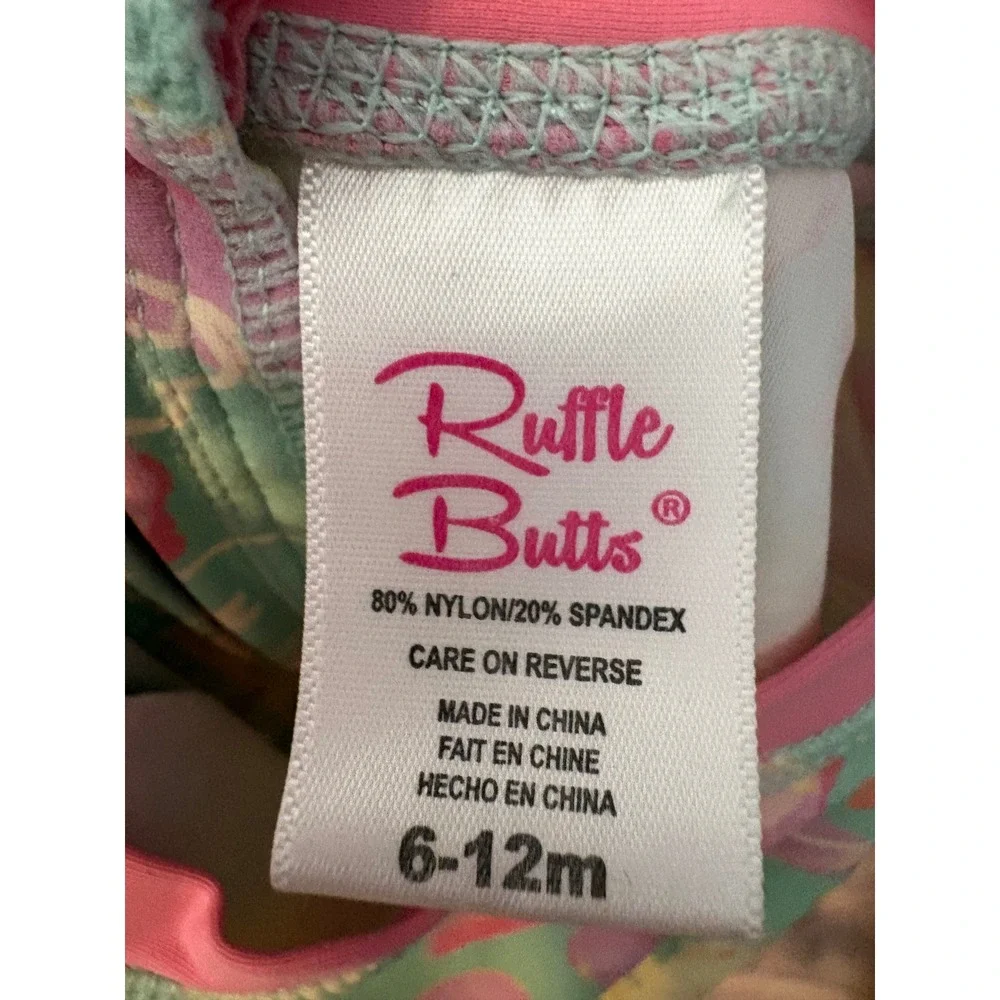 RuffleButts Girls Floral Long Sleeve Rash Guard Swimsuit Mint Pink 6-12M